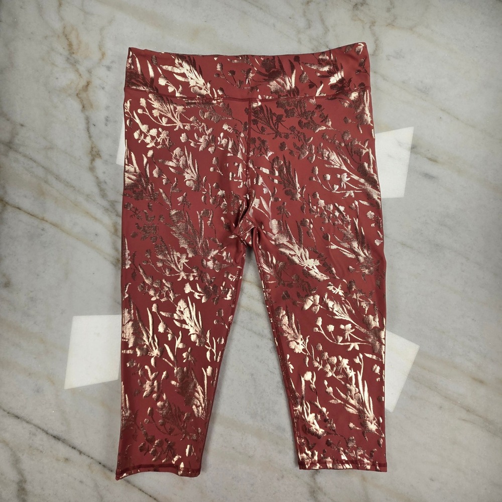 Fabletics Leggings Womens 2X Rose Gold Metallic Floral Athletic Yoga Activewear